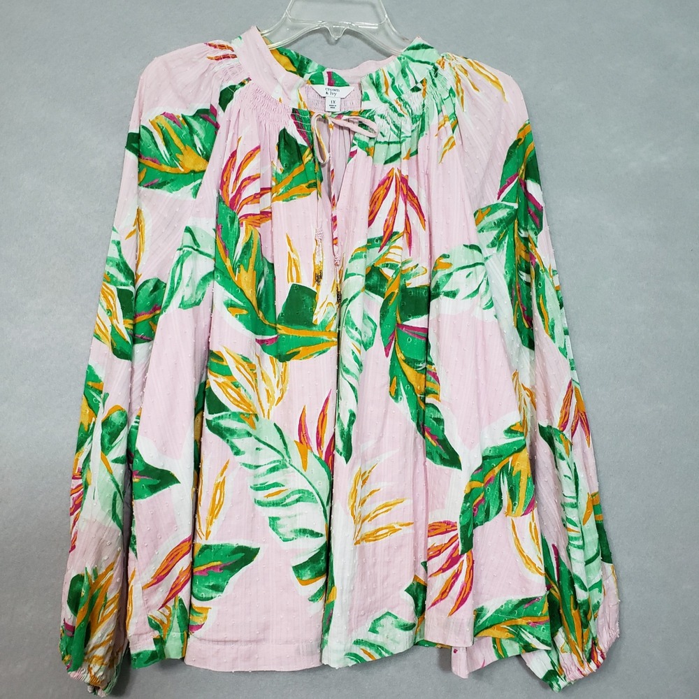 Crown & Ivy Womens 1X Blouse Pink Tropical Leaf Beaded Tie Neck Boho Top Cruise